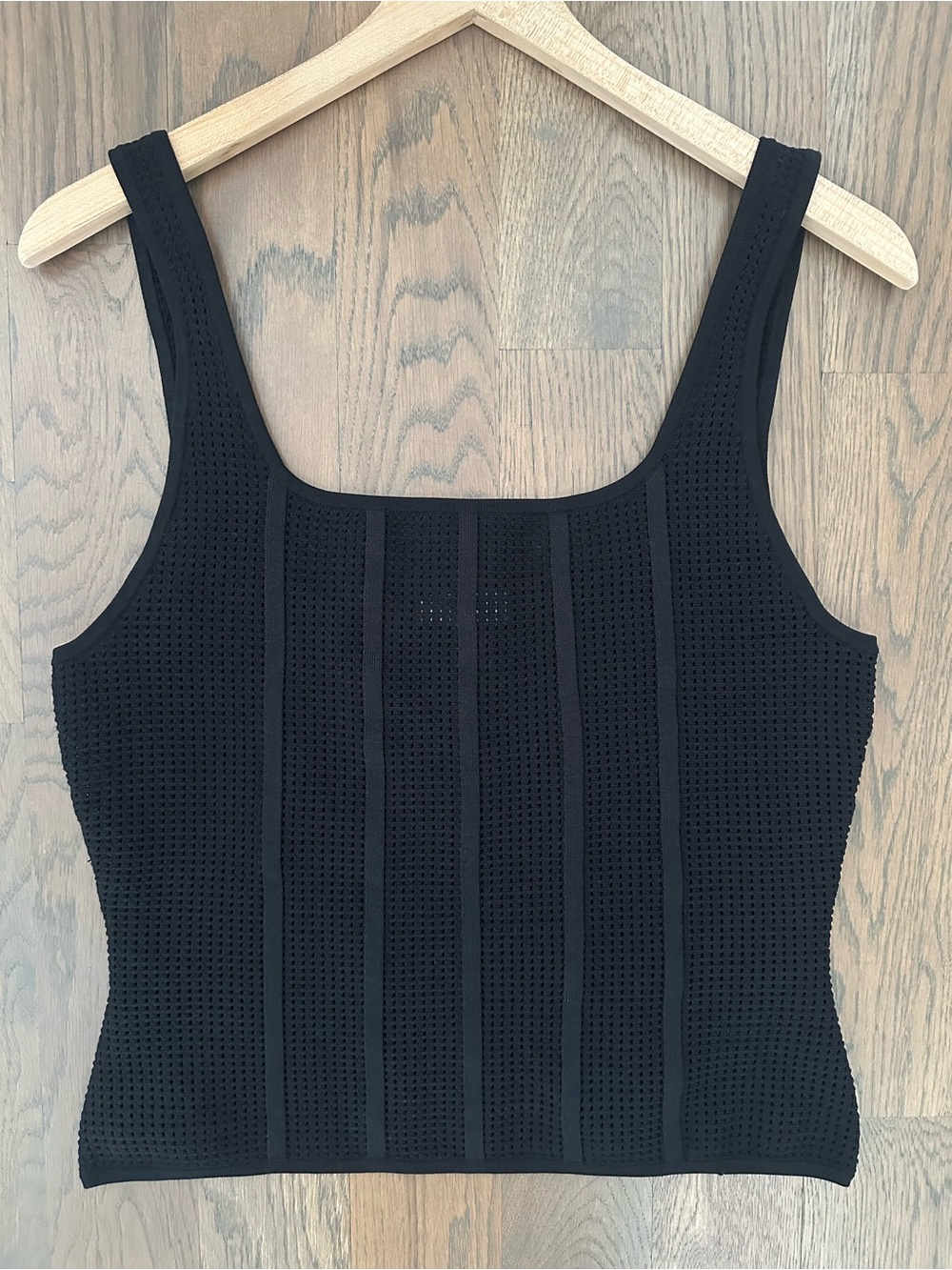 Babaton Sculpt Knit Square Neck Mesh Cropped Tank in Black Extra Large